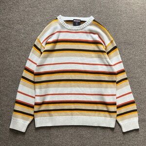 Y2K Retro Yellow Beige Striped Pullover Crewneck Knit Sweater Mens L South Pole